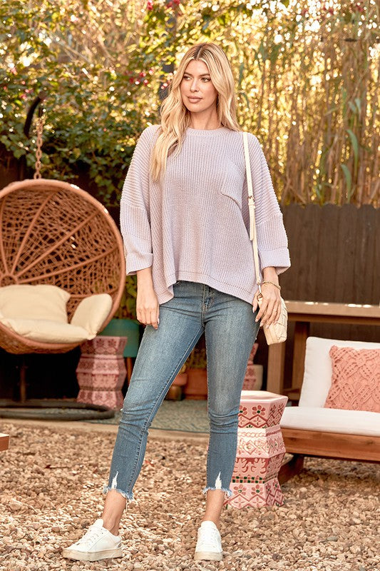 Knit Round Neck Dolman Three Quarter Sleeve Top in Violet