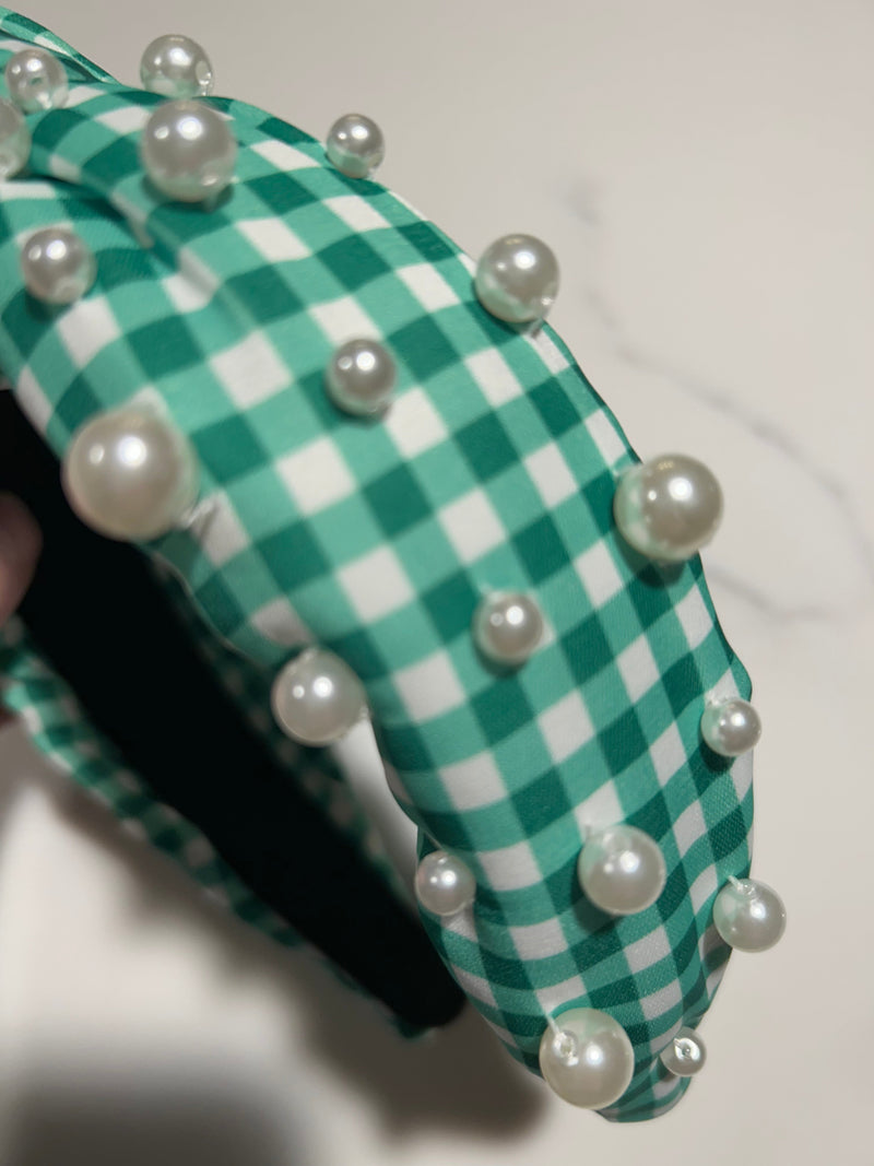 Green Check Pearl Headband