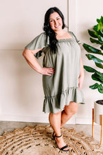 *Size 2XL: Smocked Flutter Sleeve Dress in Green Willow