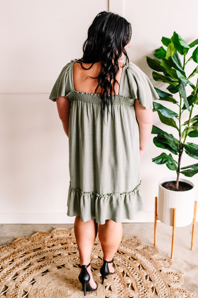 *Size 2XL: Smocked Flutter Sleeve Dress in Green Willow