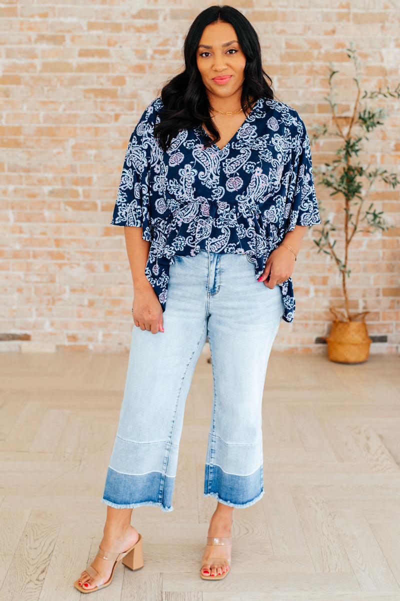 Dreamer Peplum Top in Navy and Pink Paisley