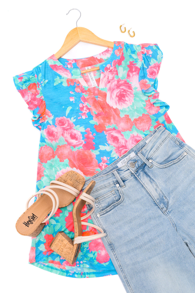 Lizzy Flutter Sleeve Top in Blue and Pink Roses