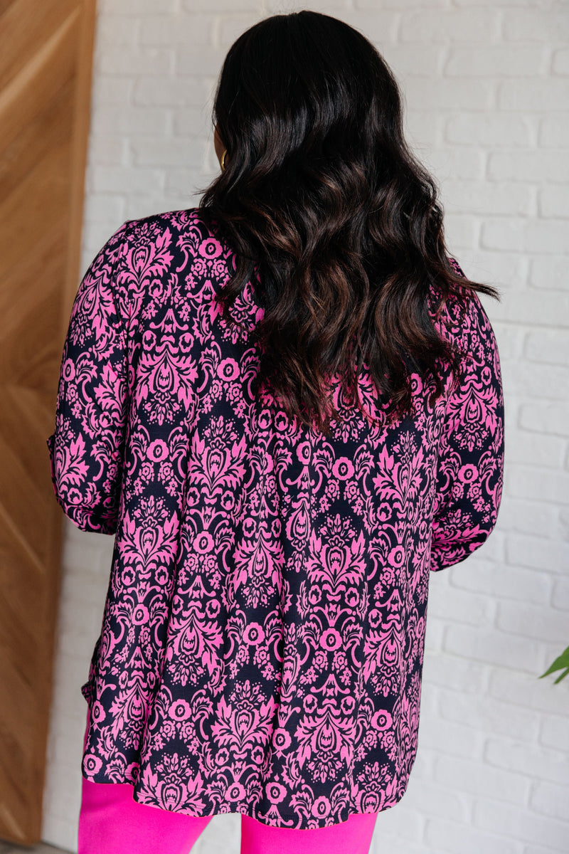 Lizzy Top in Hot Pink and Navy Damask