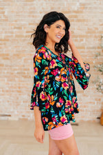 Willow Bell Sleeve Top in Black and Emerald Floral