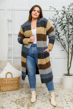 Fuzzy Longline Cardigan In Blue & Cocoa