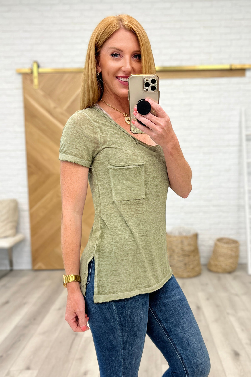 Melange Burnout V-Neck T-Shirt in Light Olive