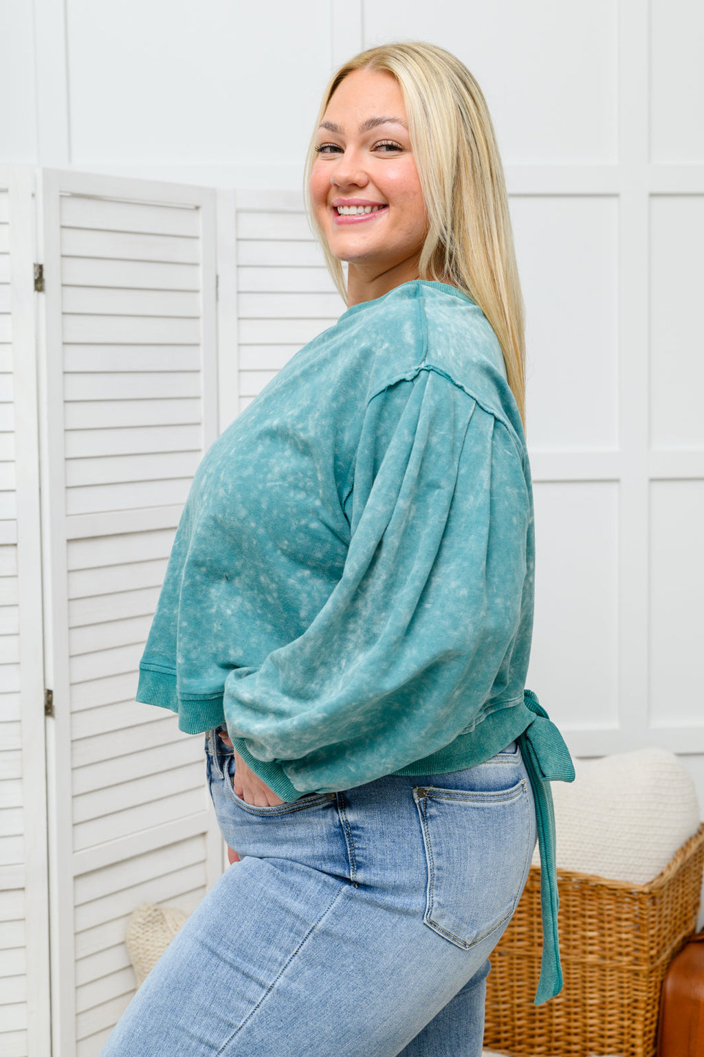 Tied Up In Cuteness Mineral Wash Sweater in Teal