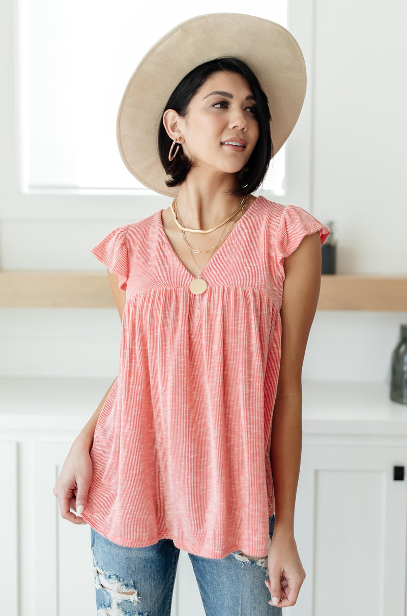 *Size S: Ribbed Flutter Sleeve Top in Coral